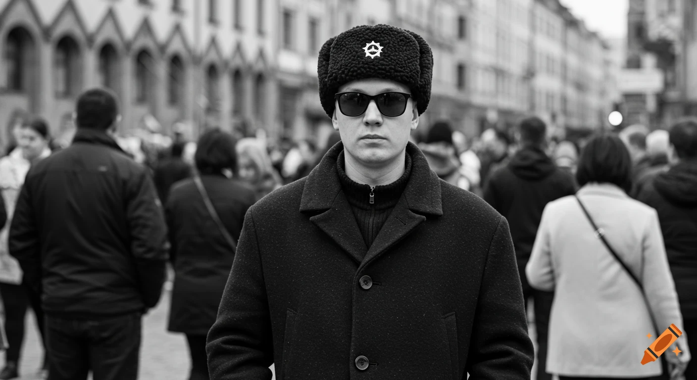 Black and white photo of a man in a Ushanka hat and sunglasses standing in a crowd in a city.