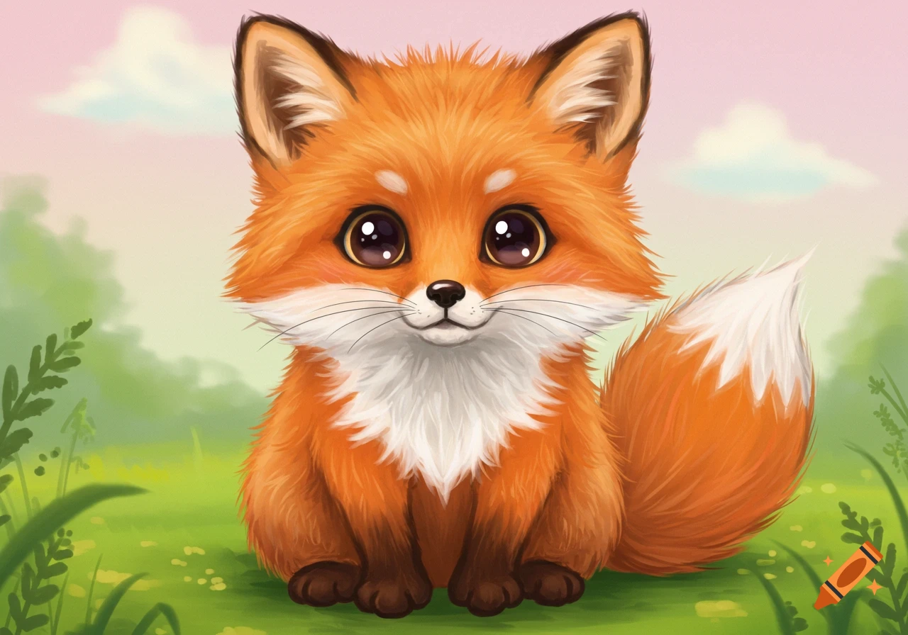 Cute illustration of a fluffy orange fox sitting in a field.