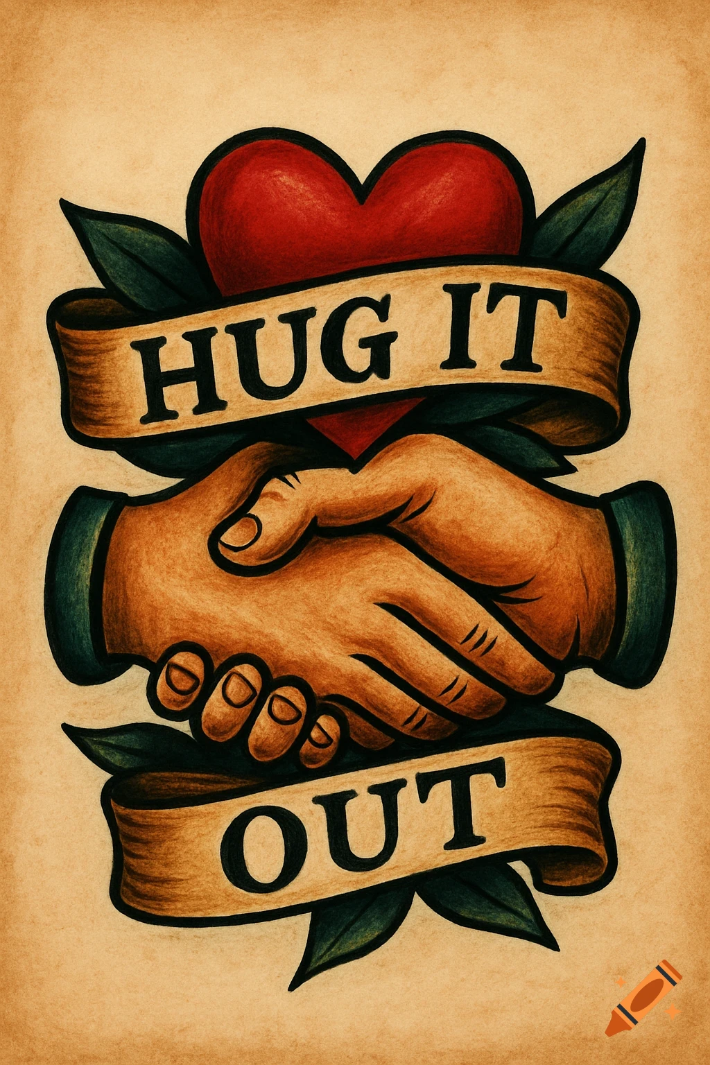 Traditional tattoo design of hands shaking below a heart with banners saying 'HUG IT OUT'.