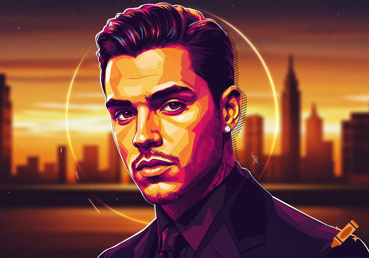 Stylized portrait of a man in a suit with vibrant colors against a city ...