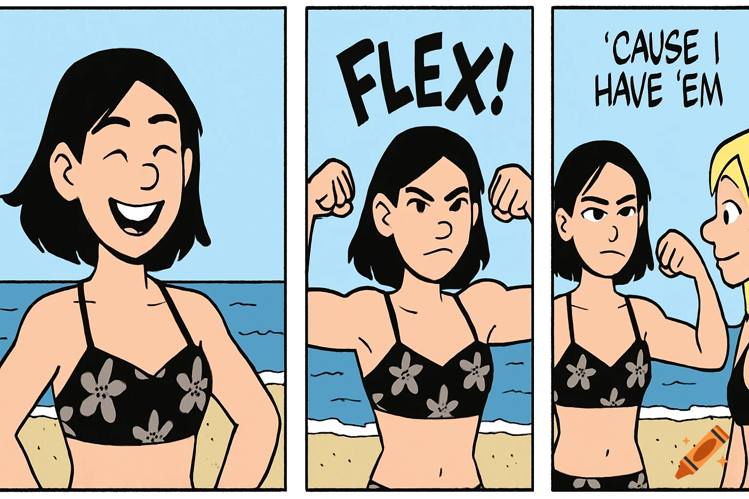 Comic strip panels show a person flexing their muscles on a beach. Text says 'FLEX!' and 'CAUSE I HAVE 'EM'.