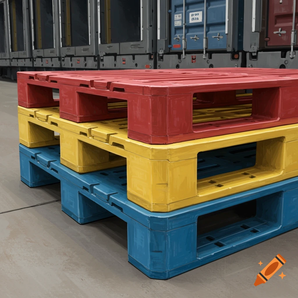 Stack of red, yellow, and blue plastic pallets in a warehouse
