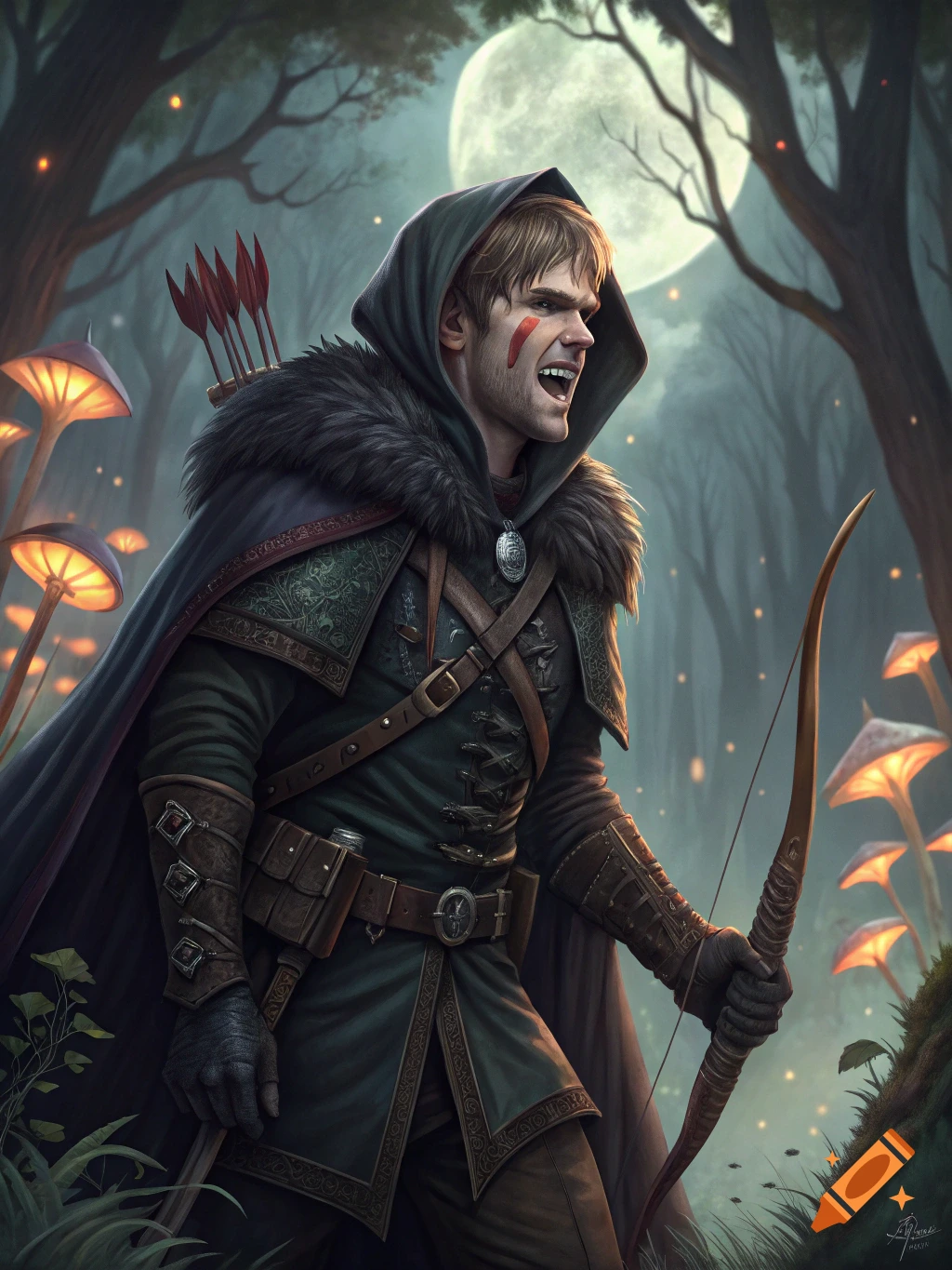 Fantasy ranger with face paint holds a bow in a moonlit forest with glowing mushrooms.