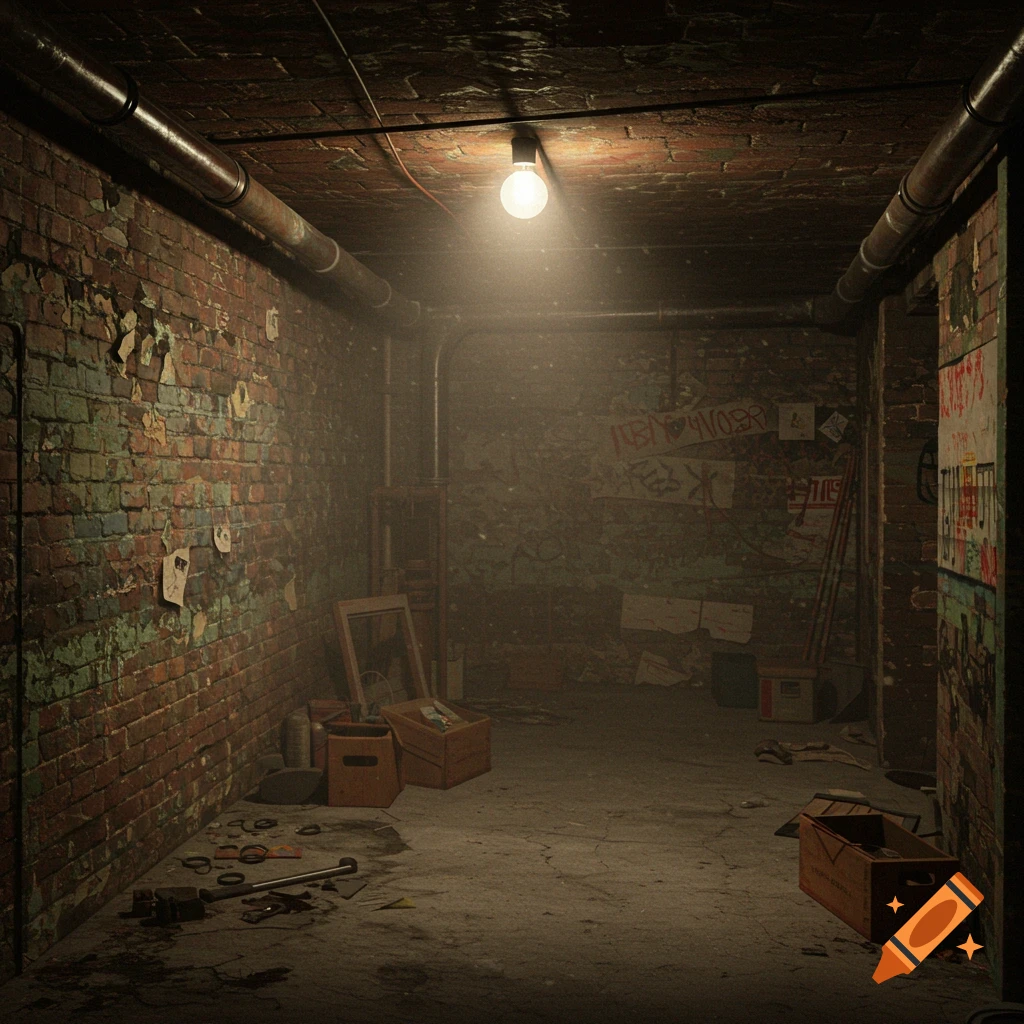 A dimly lit, cluttered basement with brick walls, pipes, and graffiti.