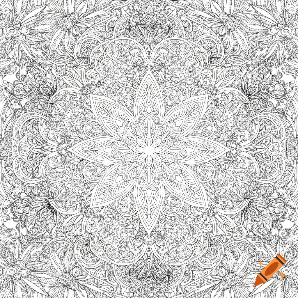 Detailed black and white coloring page with central mandala and intricate patterns including cannabis leaves.