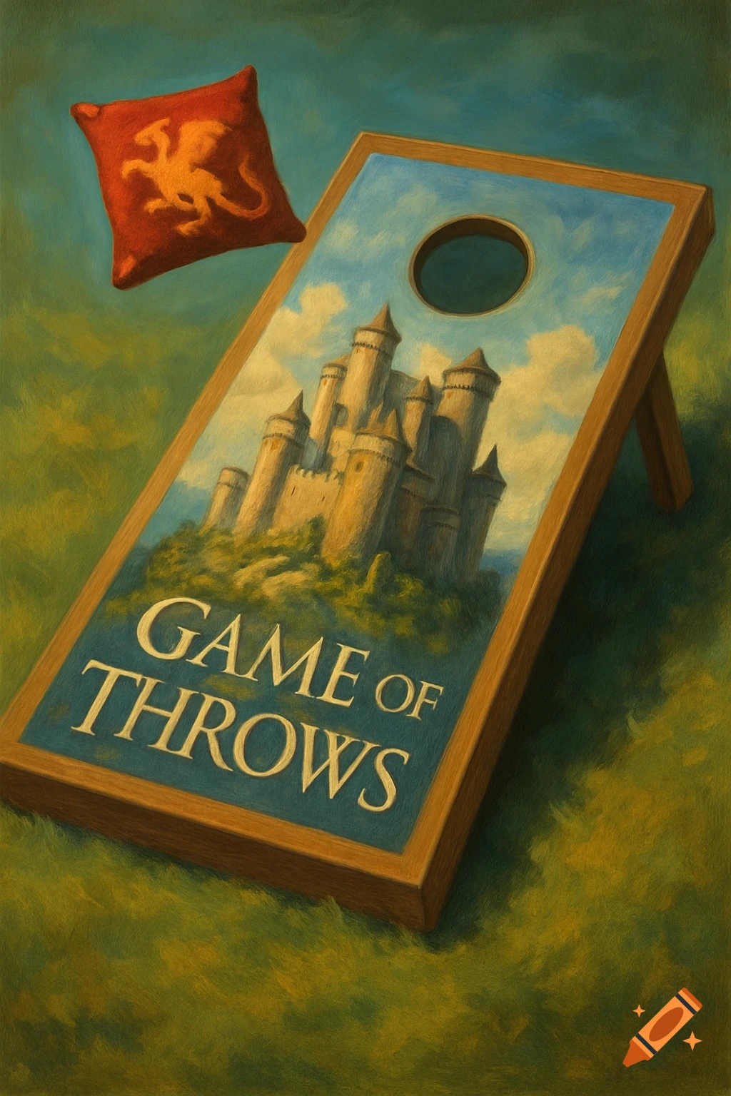 Painting of a cornhole board with a castle and 'GAME OF THROWS' text, and a dragon bean bag.