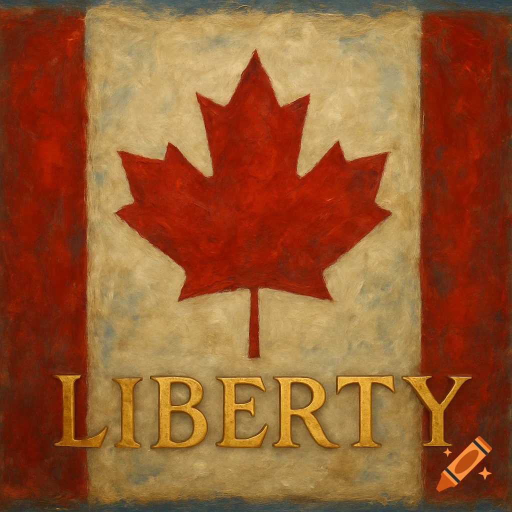 Painted Canadian flag with the word LIBERTY in gold letters.