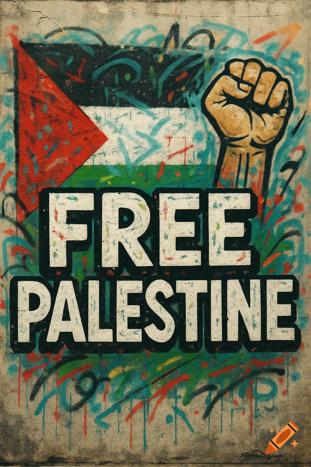 Graffiti art with Palestinian flag, raised fist, and text 'FREE PALESTINE'.