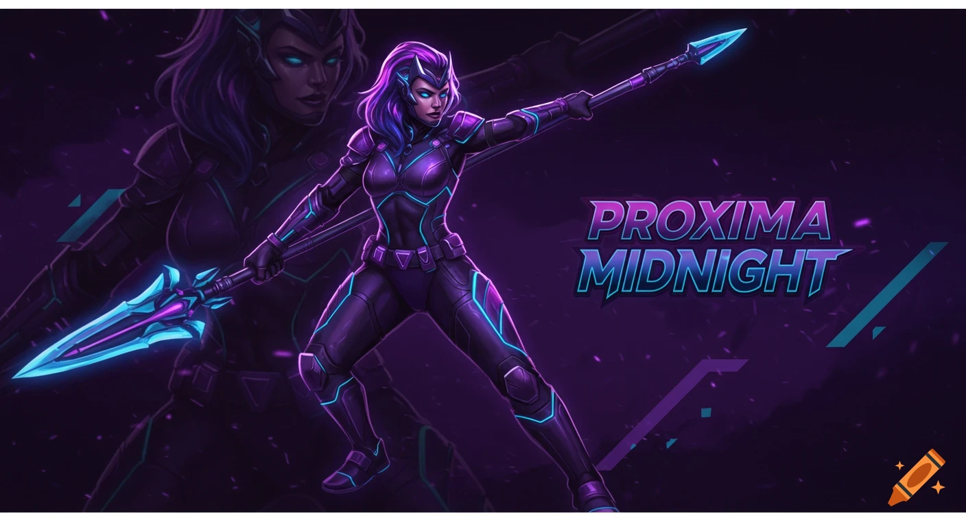 A character resembling Proxima Midnight in a black suit with purple and blue glowing lines, holding a glowing spear. The text "PROXIMA MIDNIGHT" is next to her.