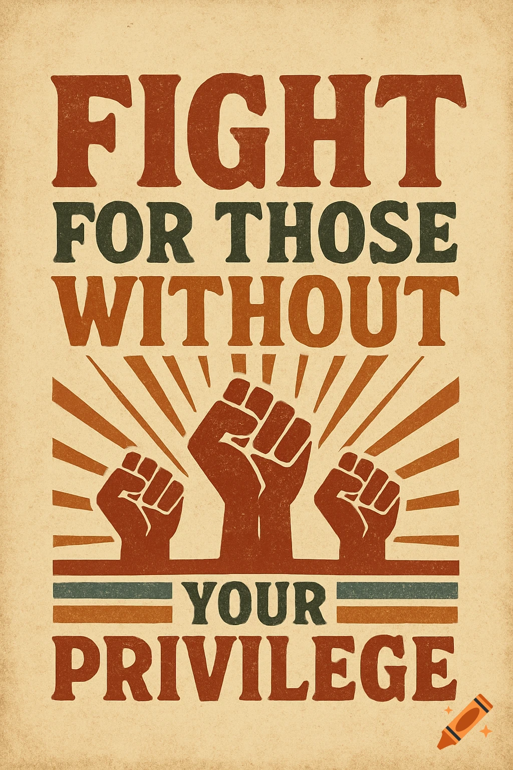 Retro-style poster with raised fists and text "Fight for those without your privilege".