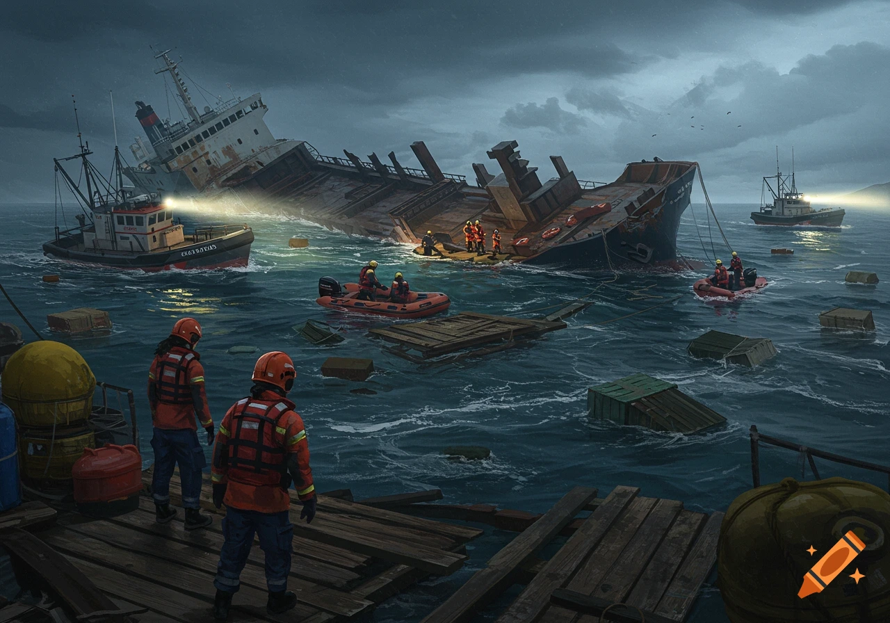 Rescue workers in boats aid a large shipwrecked vessel in rough seas under stormy skies.