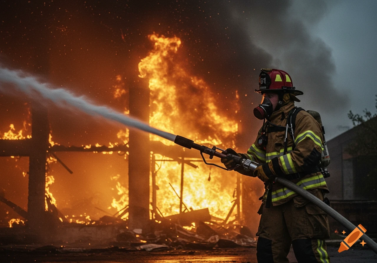 Firefighter spraying water on a large fire in a building.