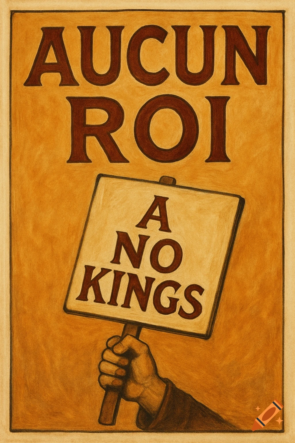 Vintage French protest poster style artwork with hand holding sign A NO KINGS and text AUCUN ROI.