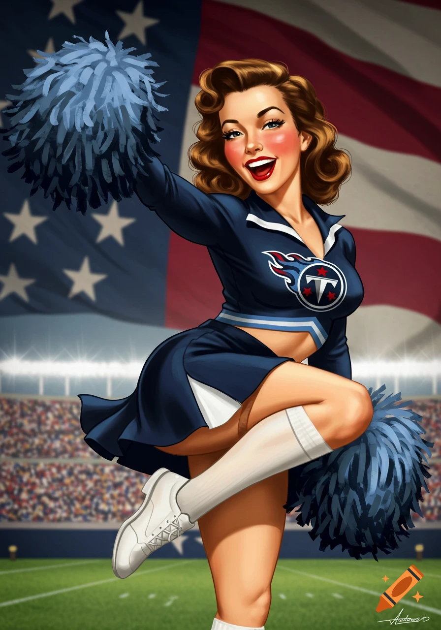 Pin-up illustration of a cheerleader with pom-poms in front of an American flag and stadium.