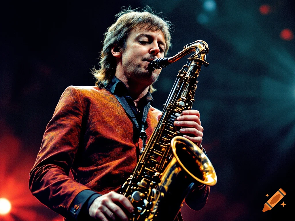 A man plays a saxophone under stage lights.