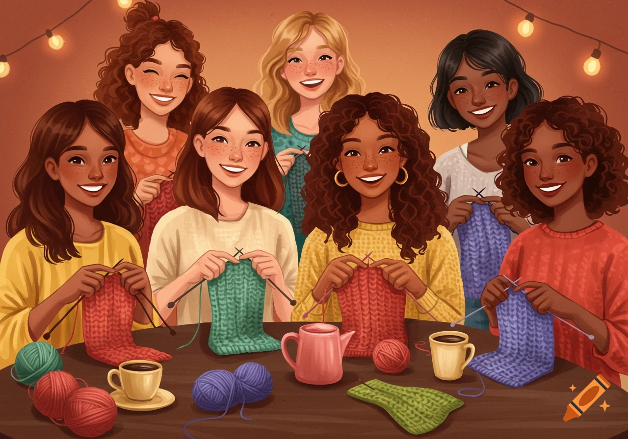 Illustration of diverse women smiling and knitting together around a table with yarn, coffee, and tea.