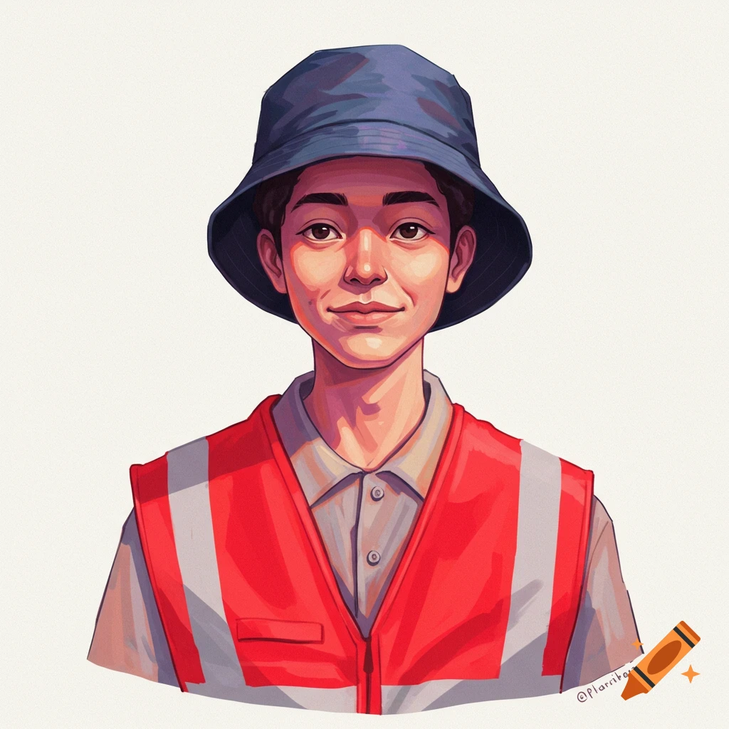Stylized portrait of a person wearing a red safety vest and blue bucket hat.
