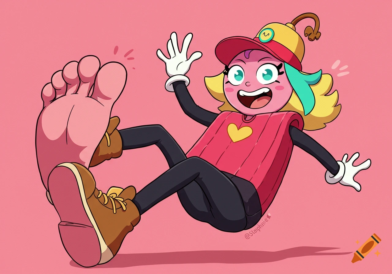 Cartoon character with a large foot raised, waving and smiling in a cartoon style.