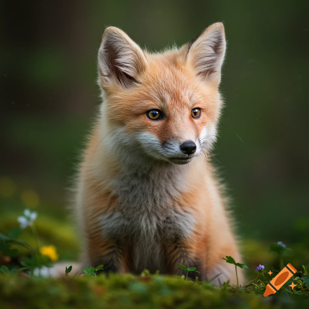 Close-up portrait of a young red fox kit sitting in the grass.