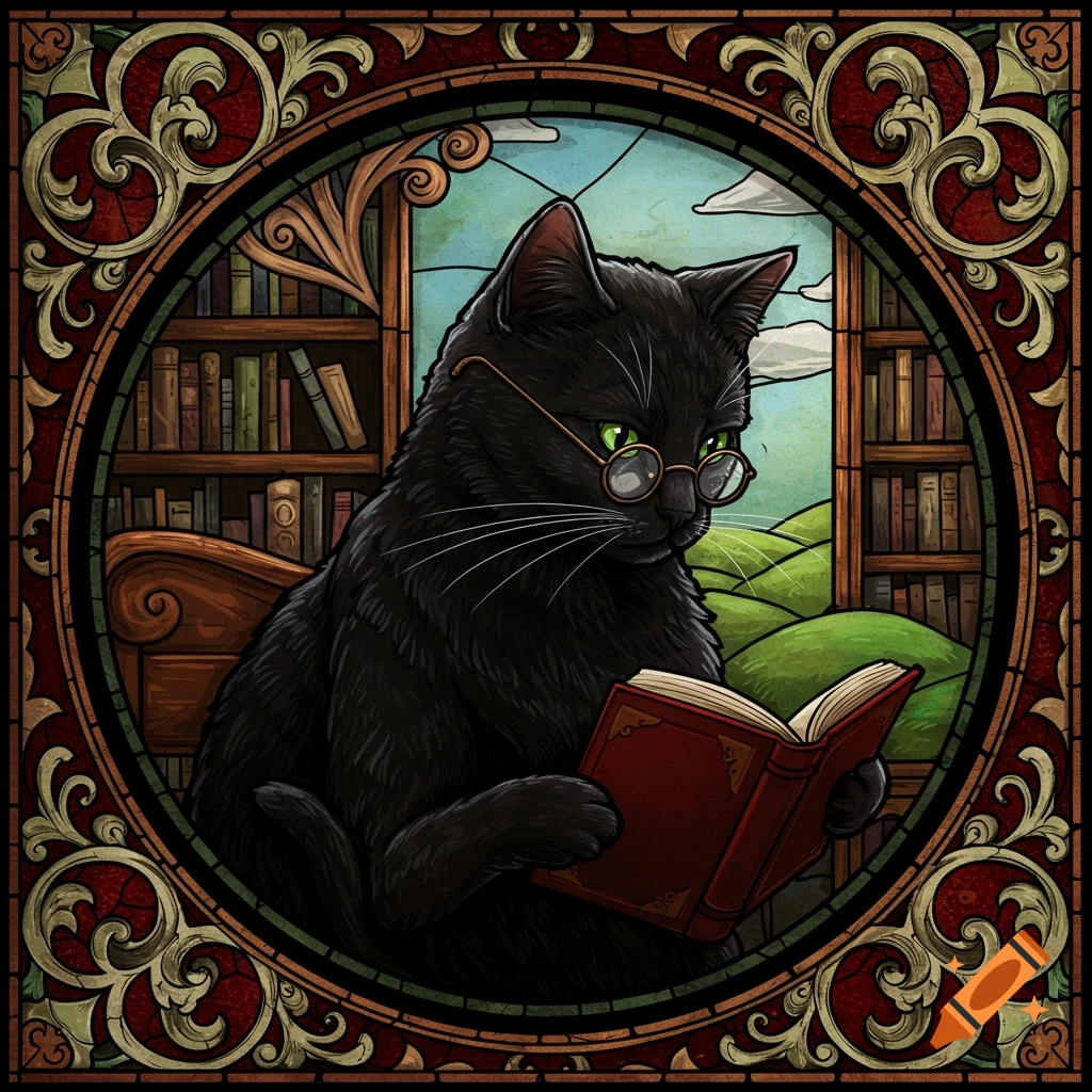A black cat wearing glasses reads a book in a stained glass window featuring bookshelves and a landscape view.