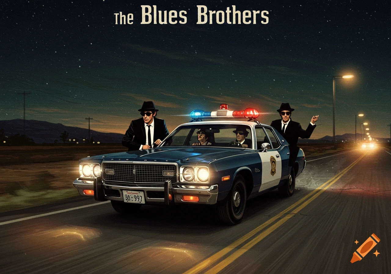 The Blues Brothers stand next to and inside a police car driving at night.