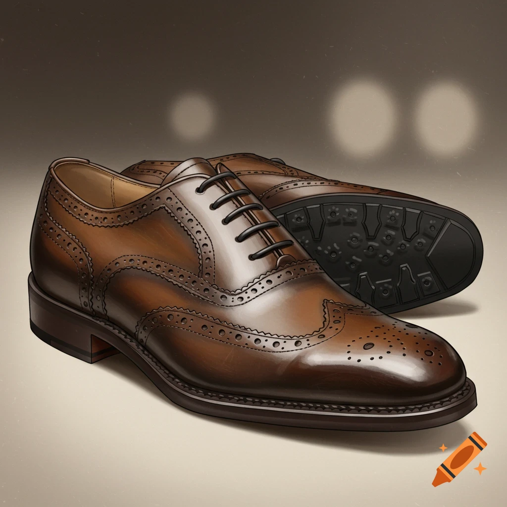 A pair of shiny brown leather brogue shoes.