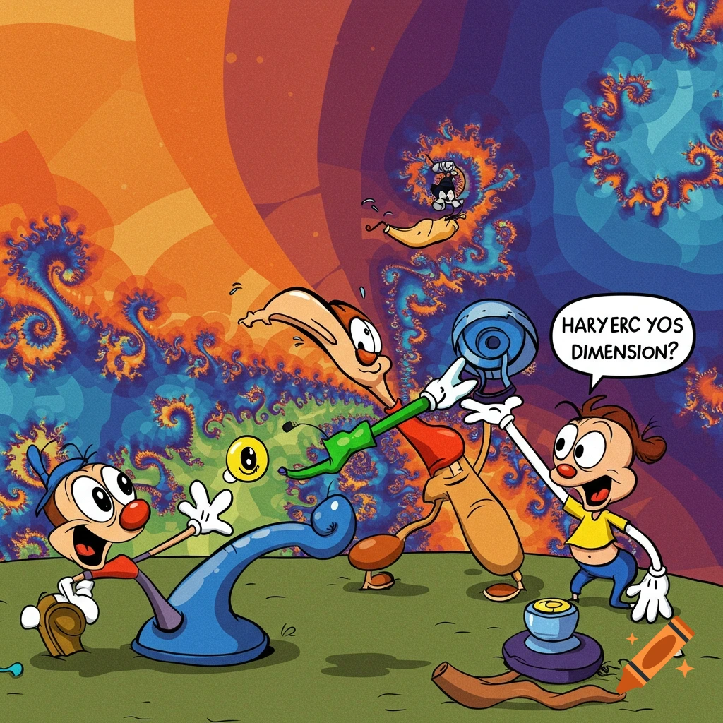 Cartoon characters interact in front of a vibrant, complex fractal background.