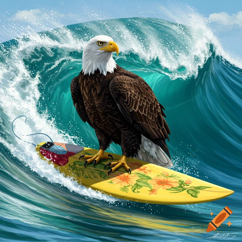 A bald eagle surfs a large wave on a yellow surfboard decorated with flowers.