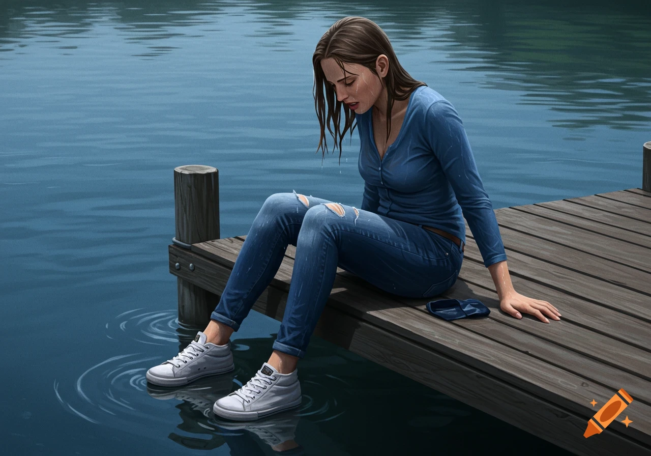 Realistic art of a wet woman sitting on a dock with her feet in the lake.