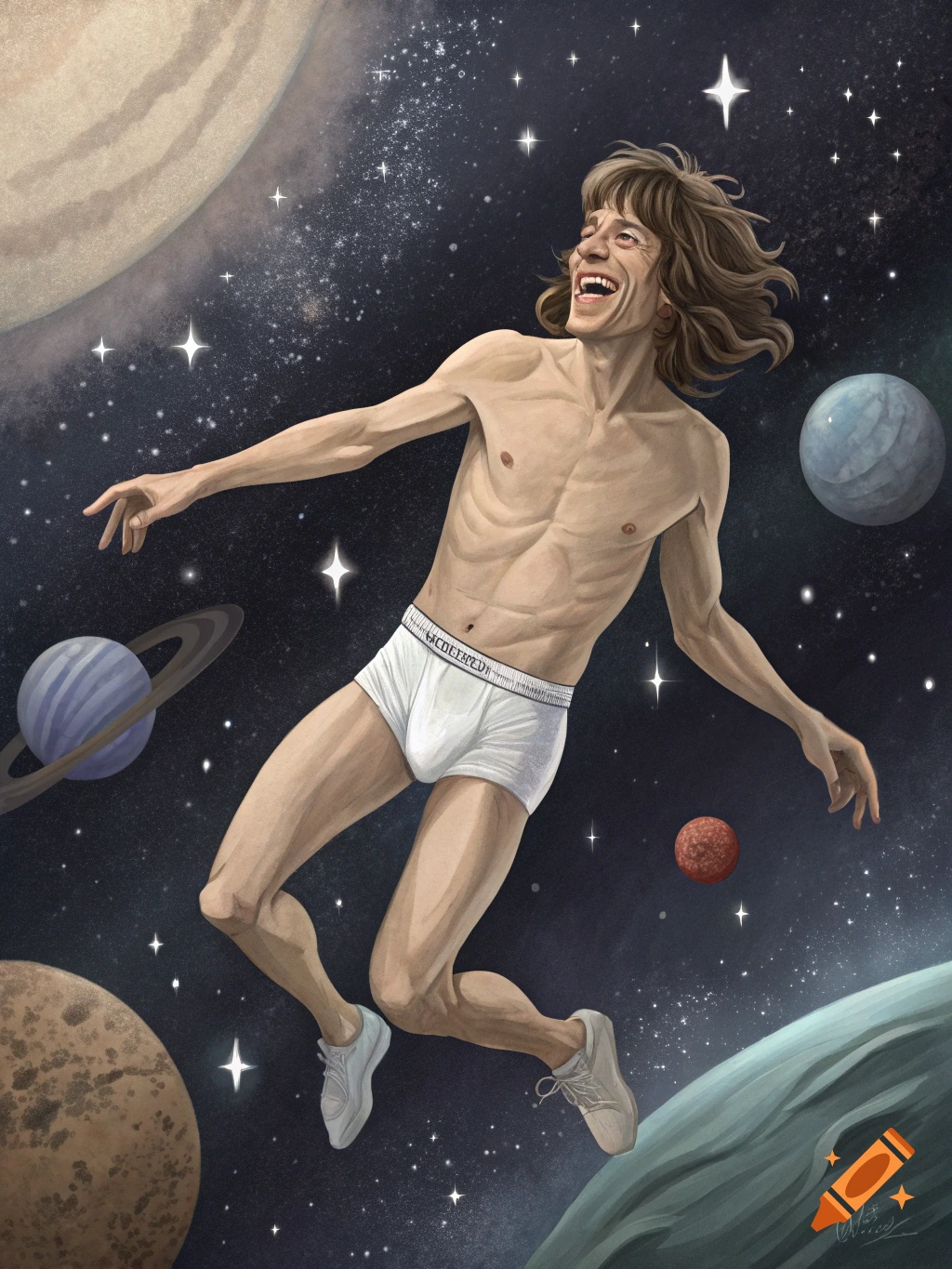 Illustration of Mick Jagger floating in space in white underpants among planets and stars.