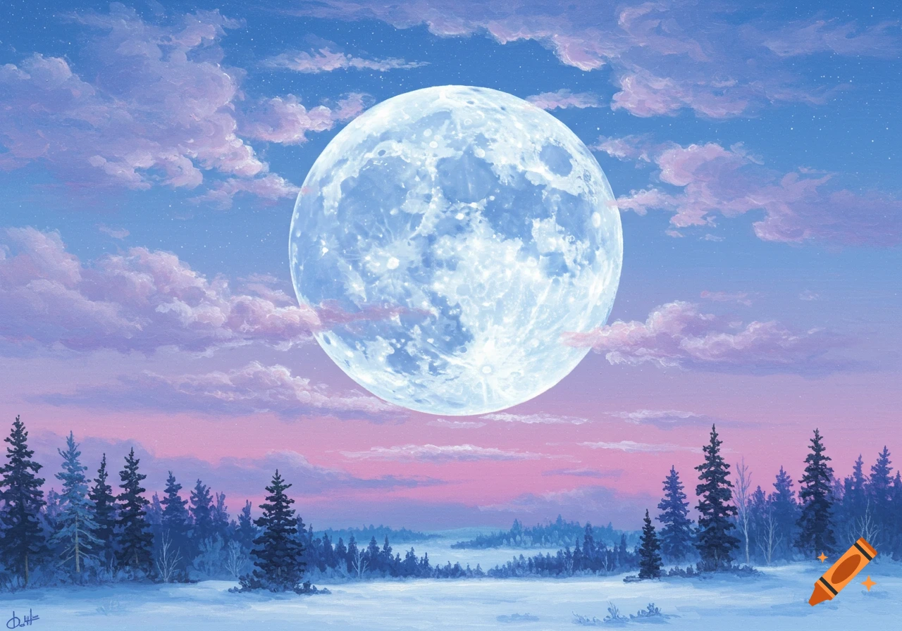 Large full moon over a snowy forest landscape at dusk with pink clouds, painting.