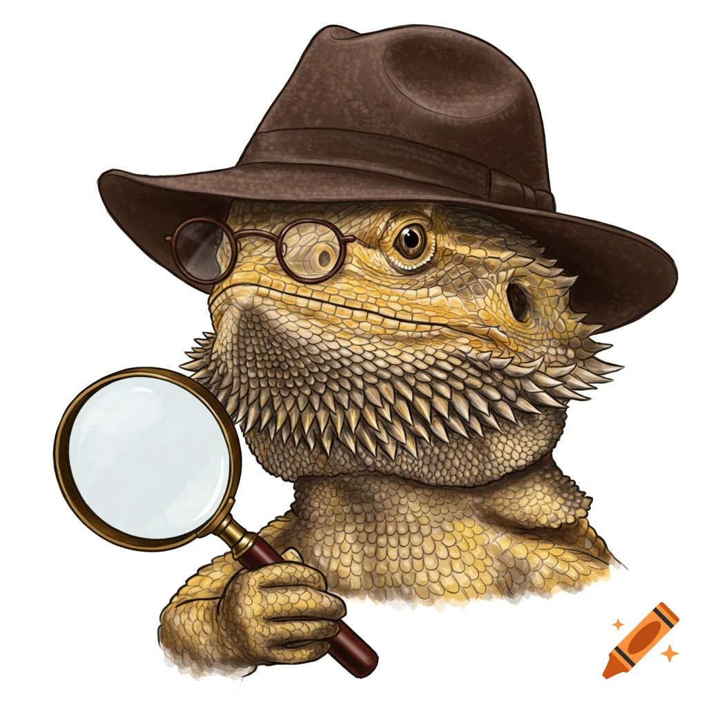 An illustration of a bearded dragon wearing a fedora and glasses, holding a magnifying glass.