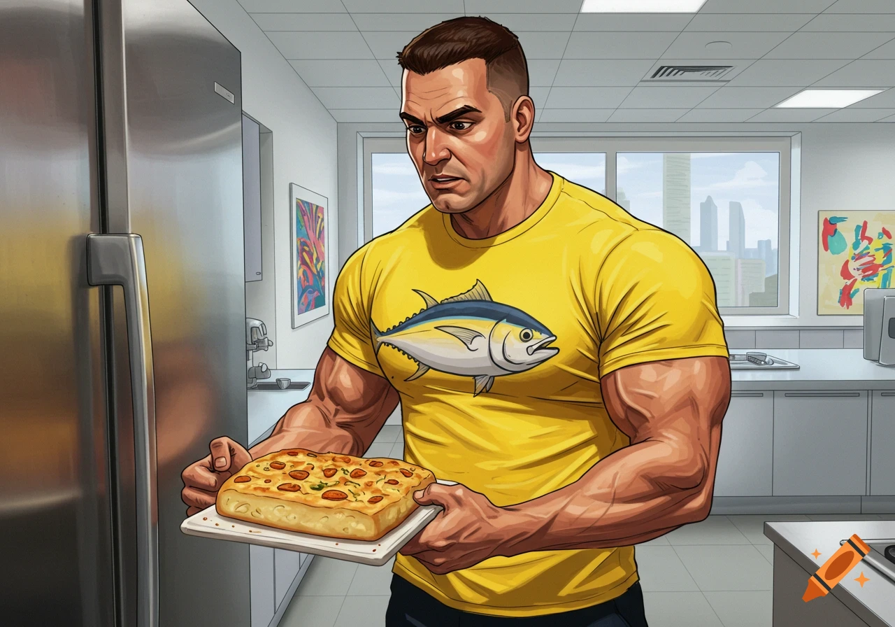 A muscular man in a yellow tuna shirt holds focaccia bread in a modern kitchen breakroom.