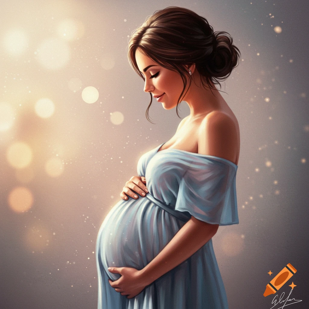 Illustration of a pregnant woman in a blue dress holding her belly, bathed in soft light and bokeh.