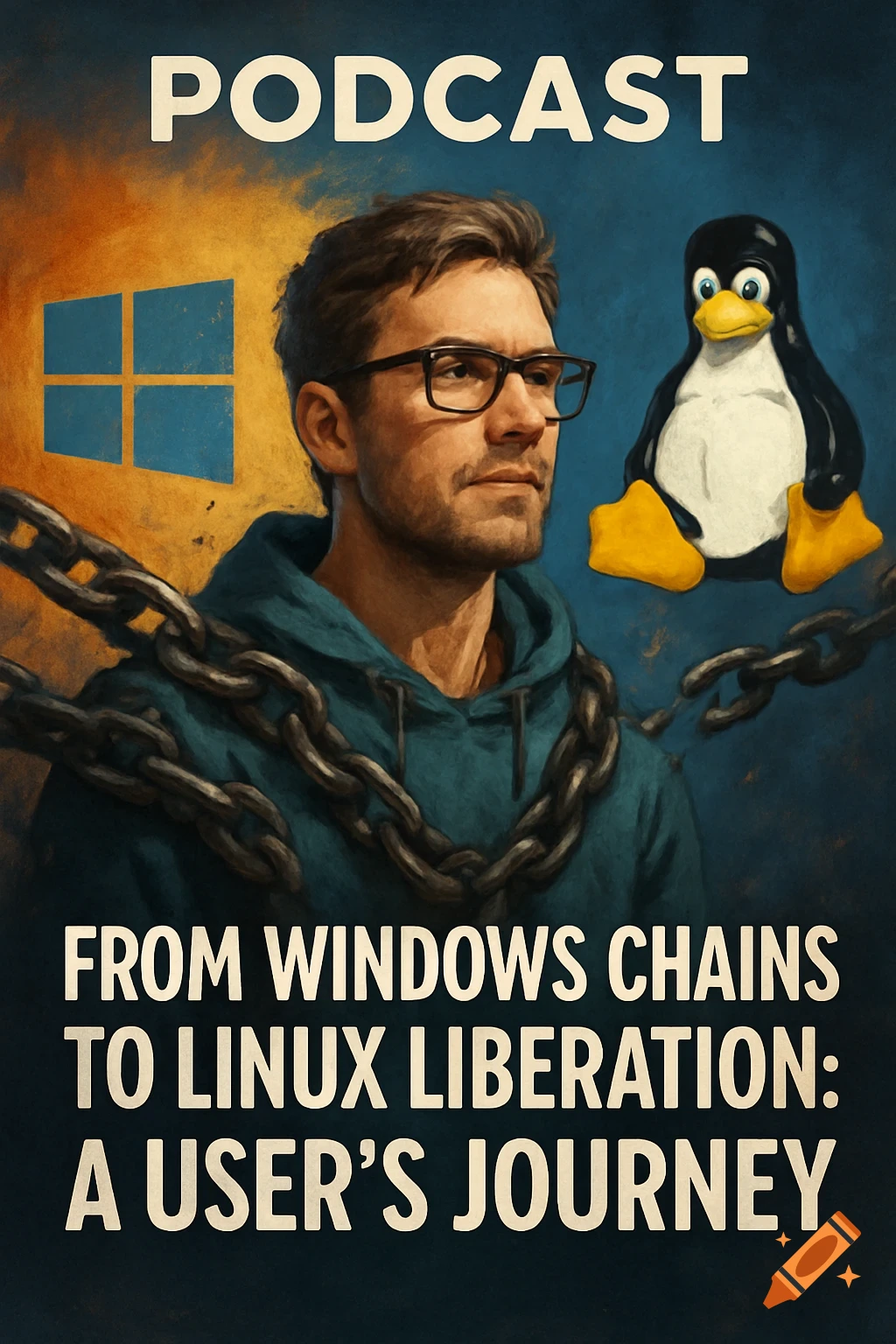 Illustration for a podcast cover: Man with chains, Windows logo, Linux penguin, text 'From Windows Chains to Linux Liberation'.