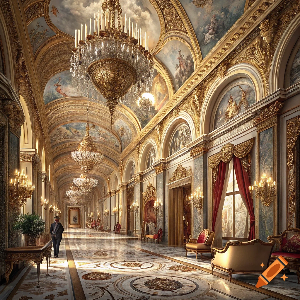 A grand, opulent hall with gilded decorations, chandeliers, ornate ceiling murals, and a person walking down the marble floor.