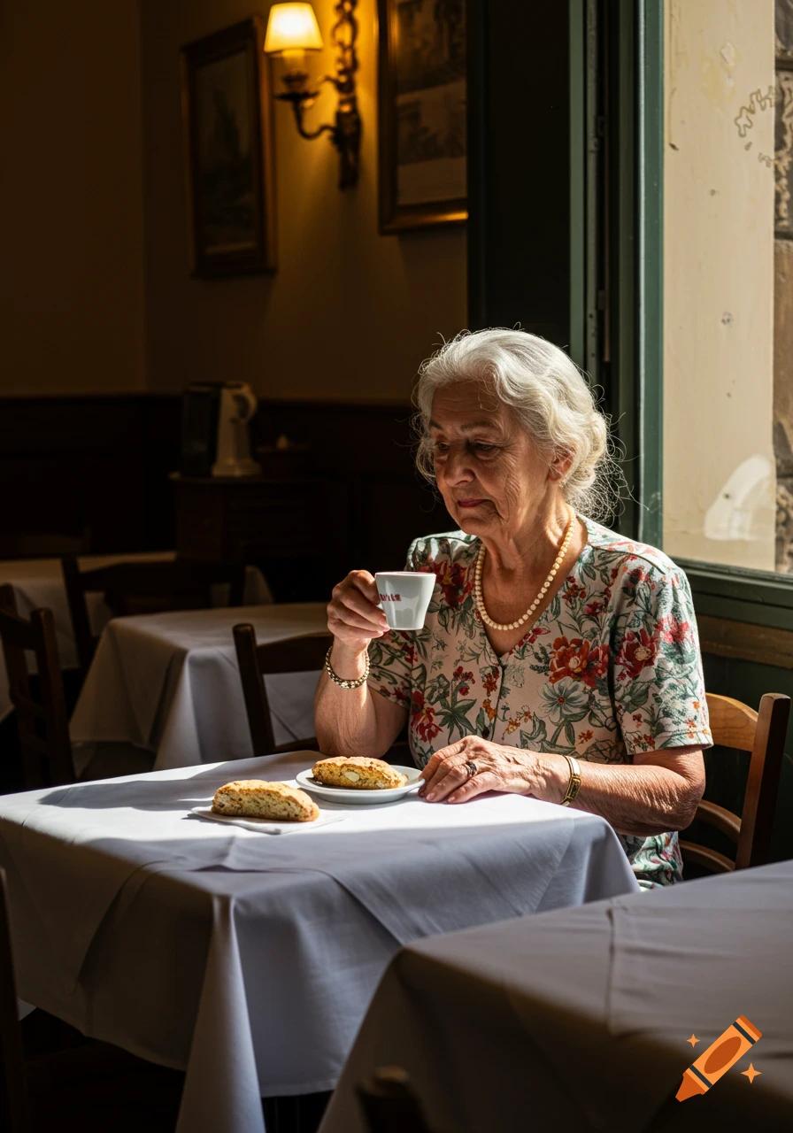 Elderly woman sitting at a cafe table, holding a small cup of espresso, with biscuits on the table. Sunlight streams in from a window.