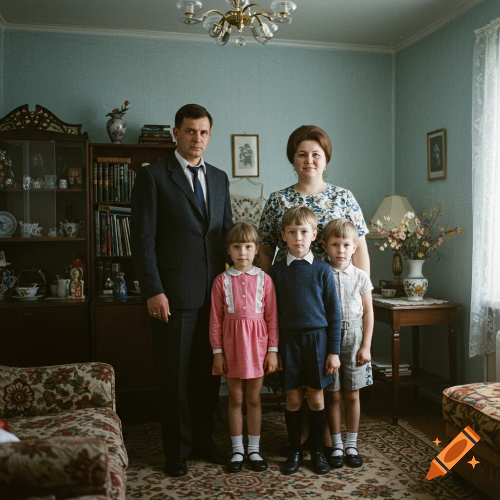 Vintage photo of a Russian family of four standing in their living room