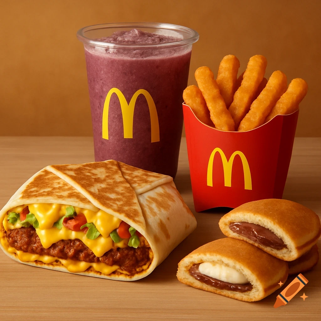 A McDonald's meal featuring a crunchwrap, fries, a smoothie, and chocolate-filled pastries on a wooden table.