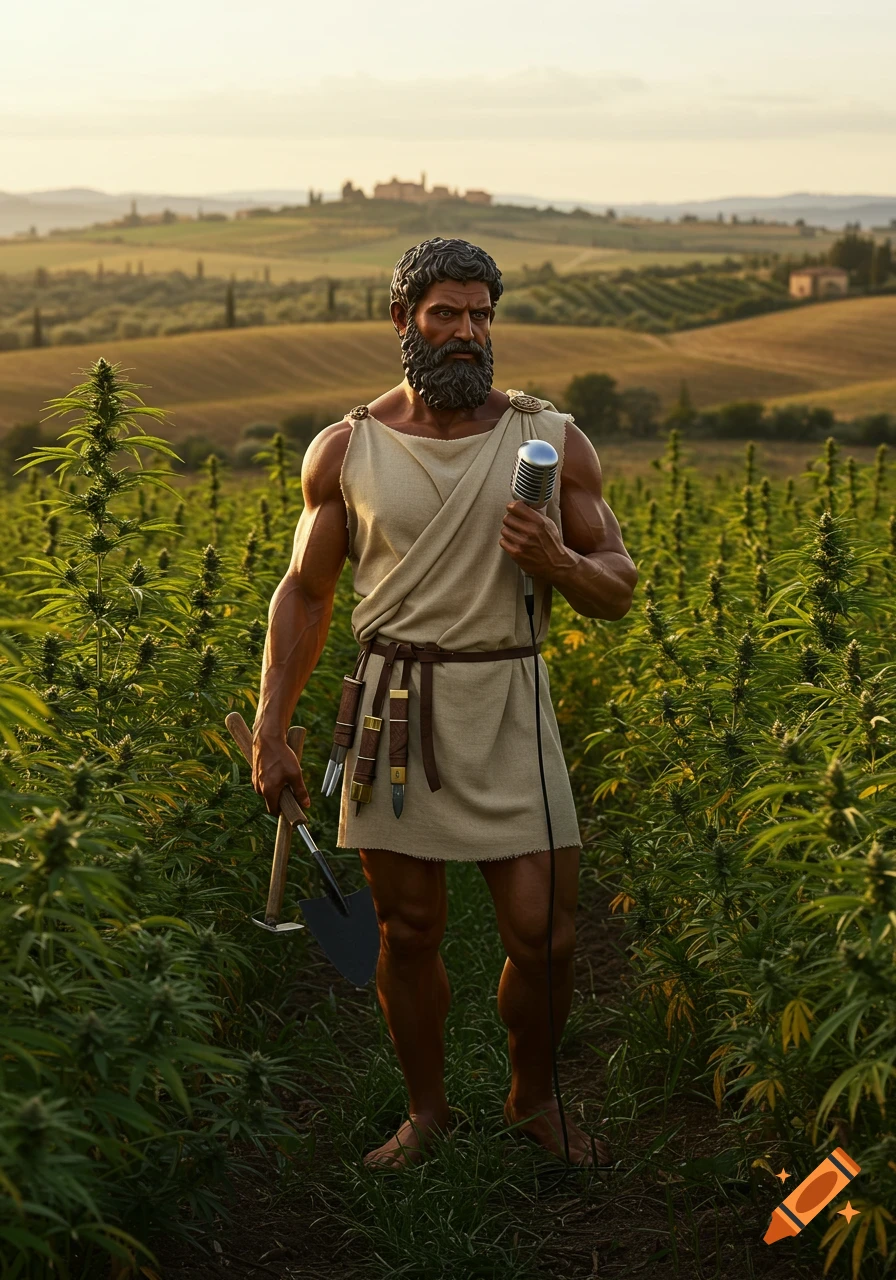 Muscular man in Roman attire stands in a cannabis field holding a microphone and tools.