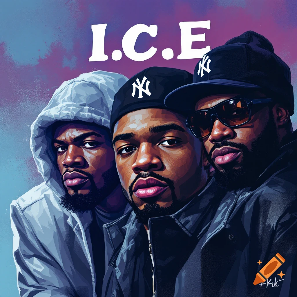 Digital painting of three men for a rap album cover with the title ICE.