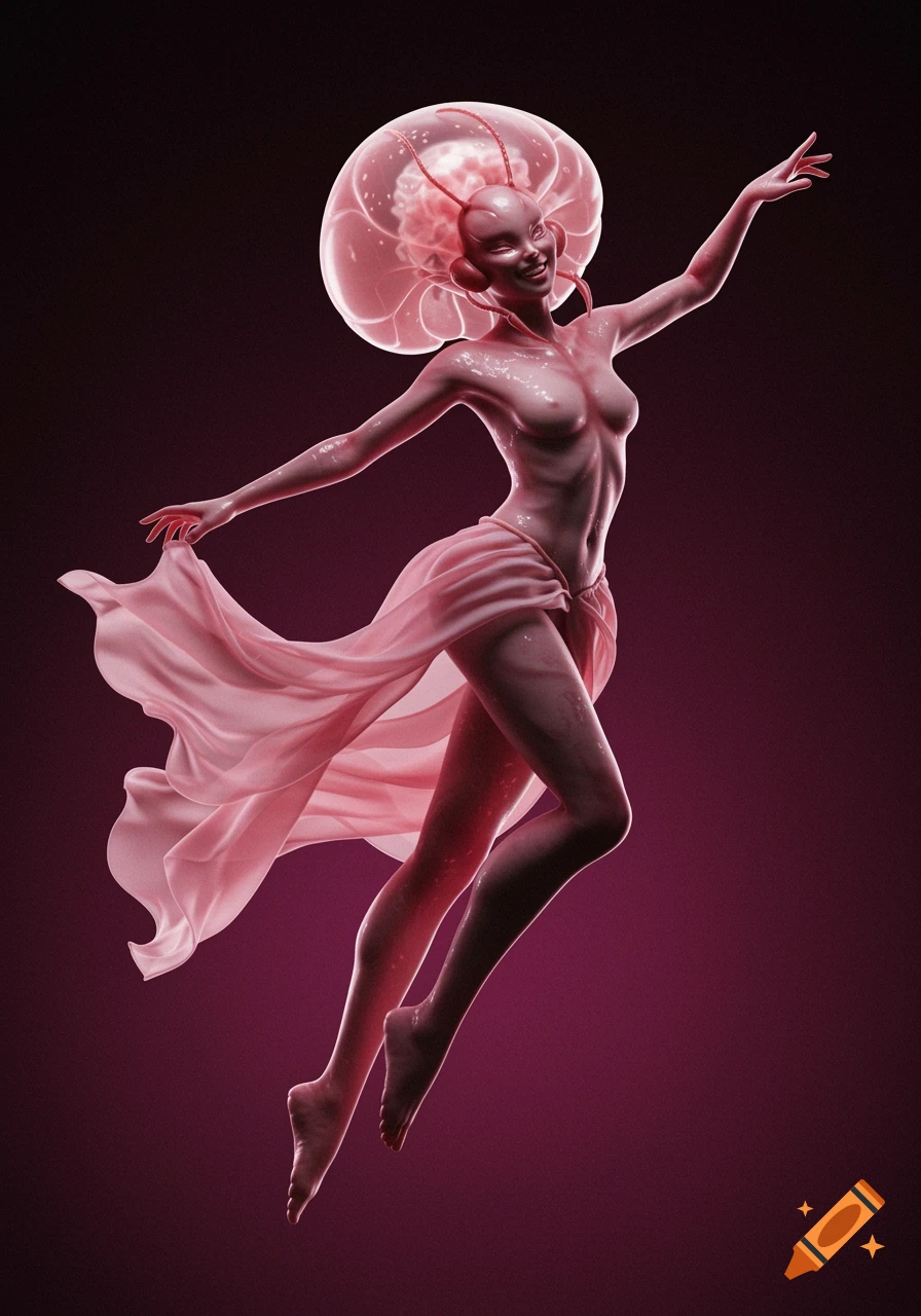 A surreal creature with a jellyfish head and translucent pink skin floats, draped in billowing fabric.