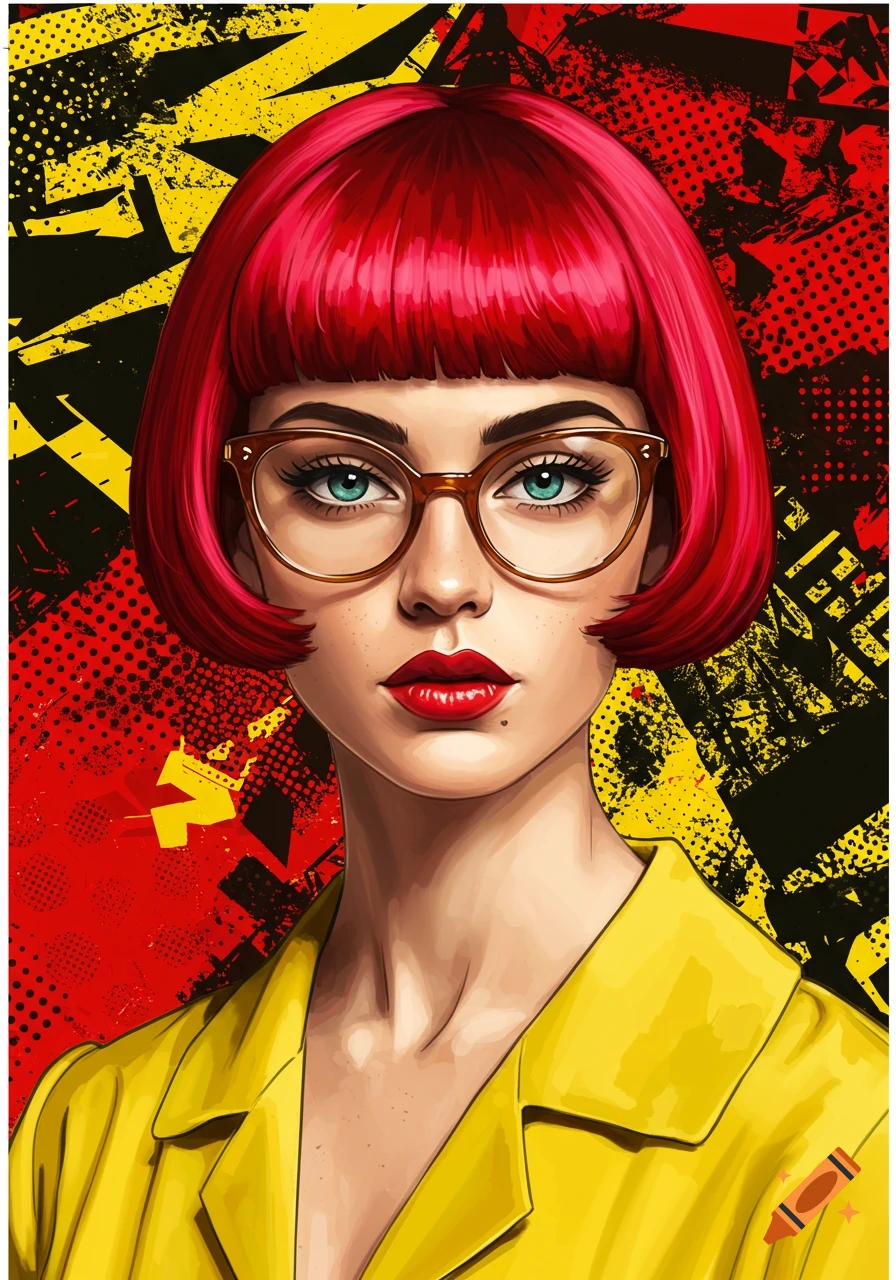 A stylized portrait of a woman with short red hair and cat-eye glasses against a colorful background.