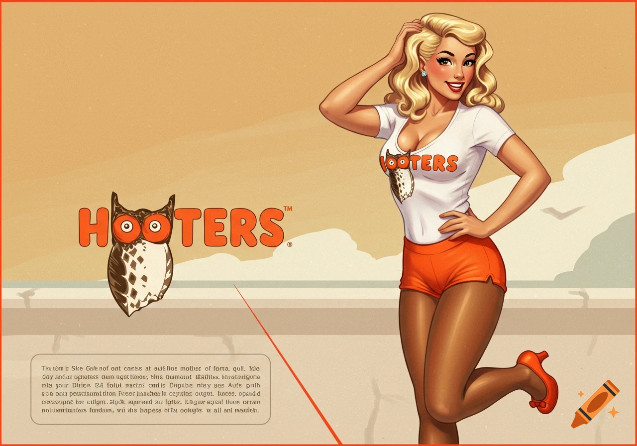 A stylized pinup of a blonde woman in a Hooters uniform standing next to the Hooters owl logo.