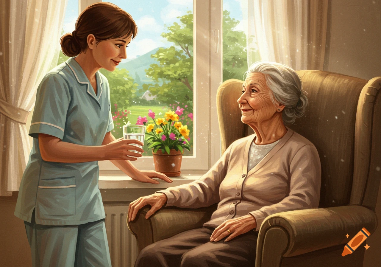 Healthcare assistant giving water to elderly woman sitting in chair by window.