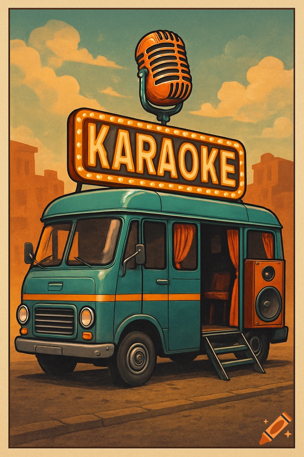 Retro poster of a turquoise van with a karaoke sign and microphone on top, door open with stairs and speaker visible.