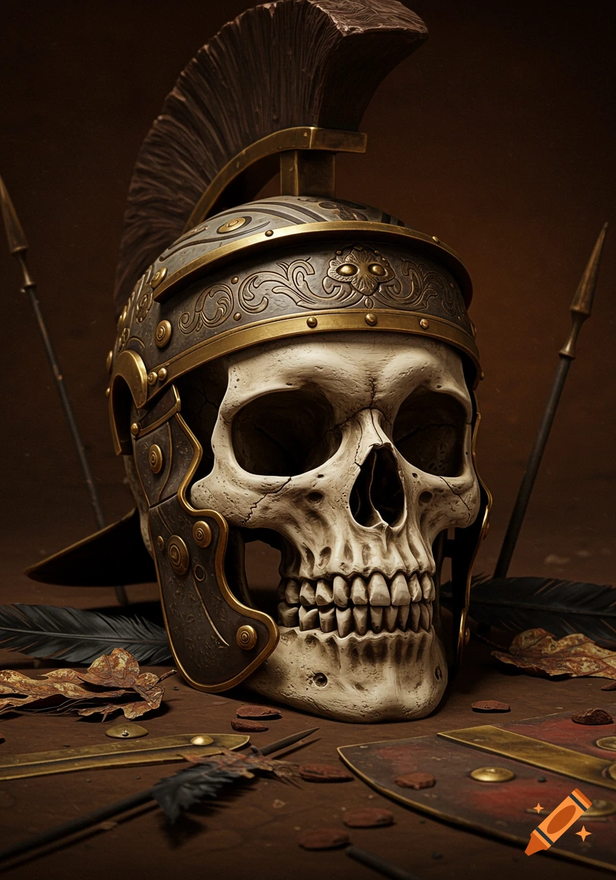 A skull wearing a Roman legionary helmet, surrounded by ancient artifacts.