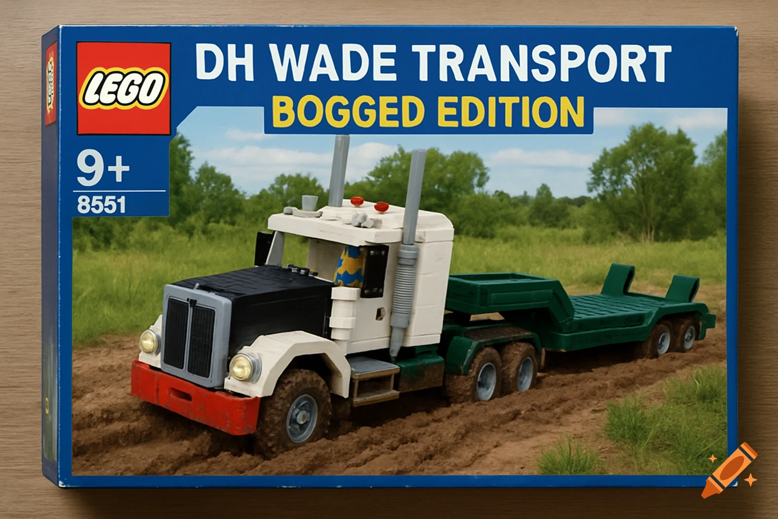LEGO box art shows a truck and trailer stuck in mud.