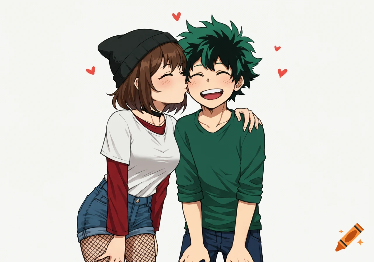 Anime style drawing of Uraraka kissing Izuku Midoriya on the cheek.
