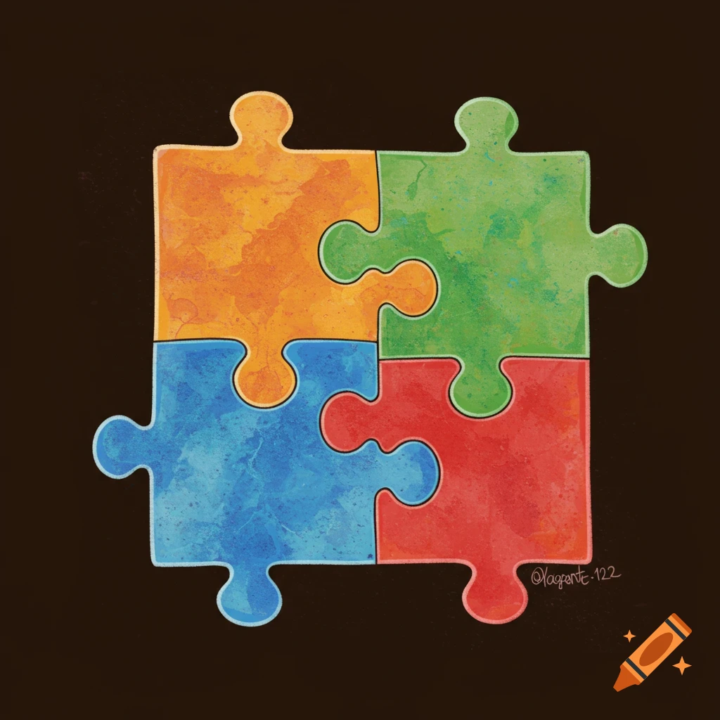 A colorful illustration of a four-piece puzzle, with each piece a different color (orange, green, blue, red) and a watercolor texture, against a dark background.